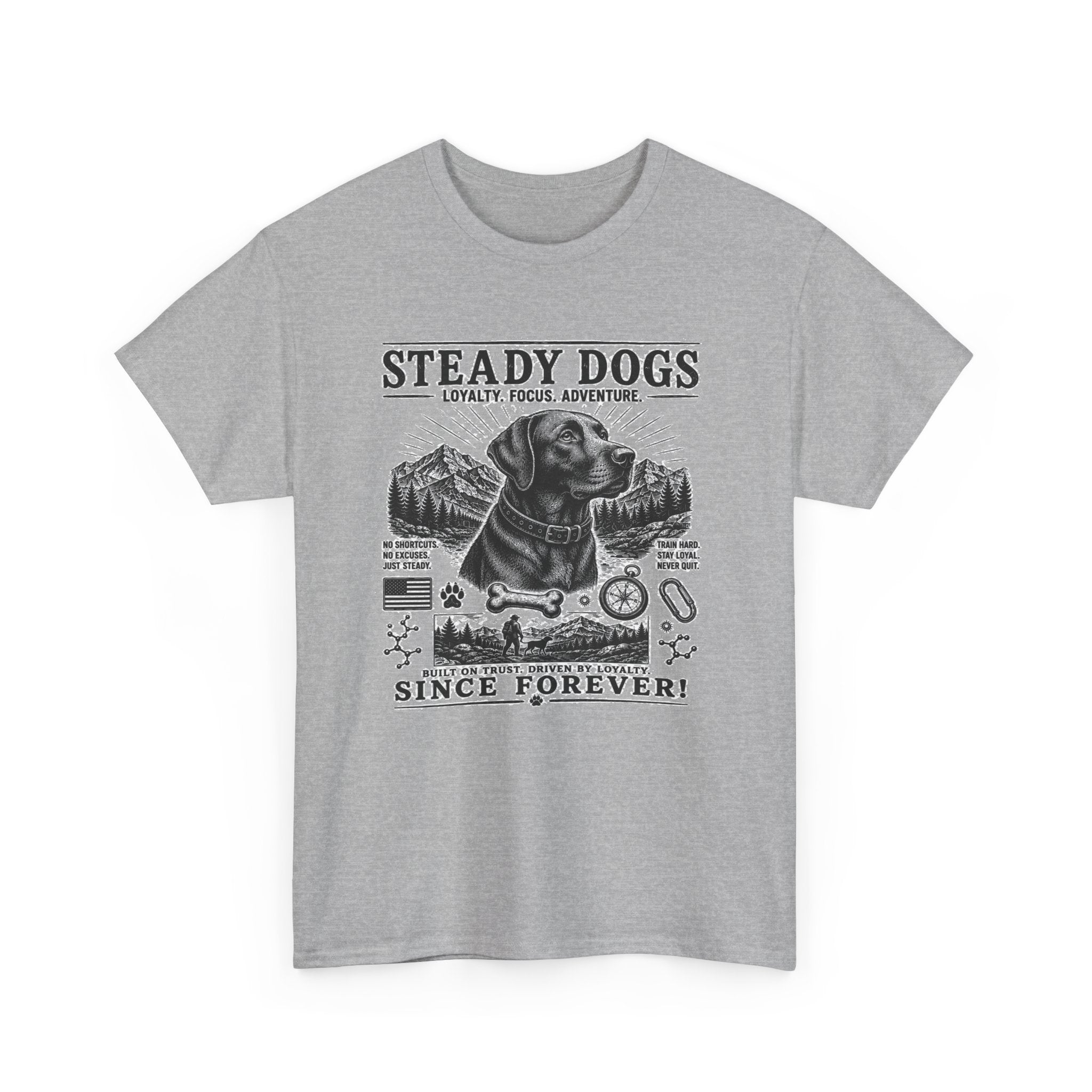 Steady Dogs T-Shirt – Vintage Labrador Adventure Tee ("Steady Dogs" Since Forever)