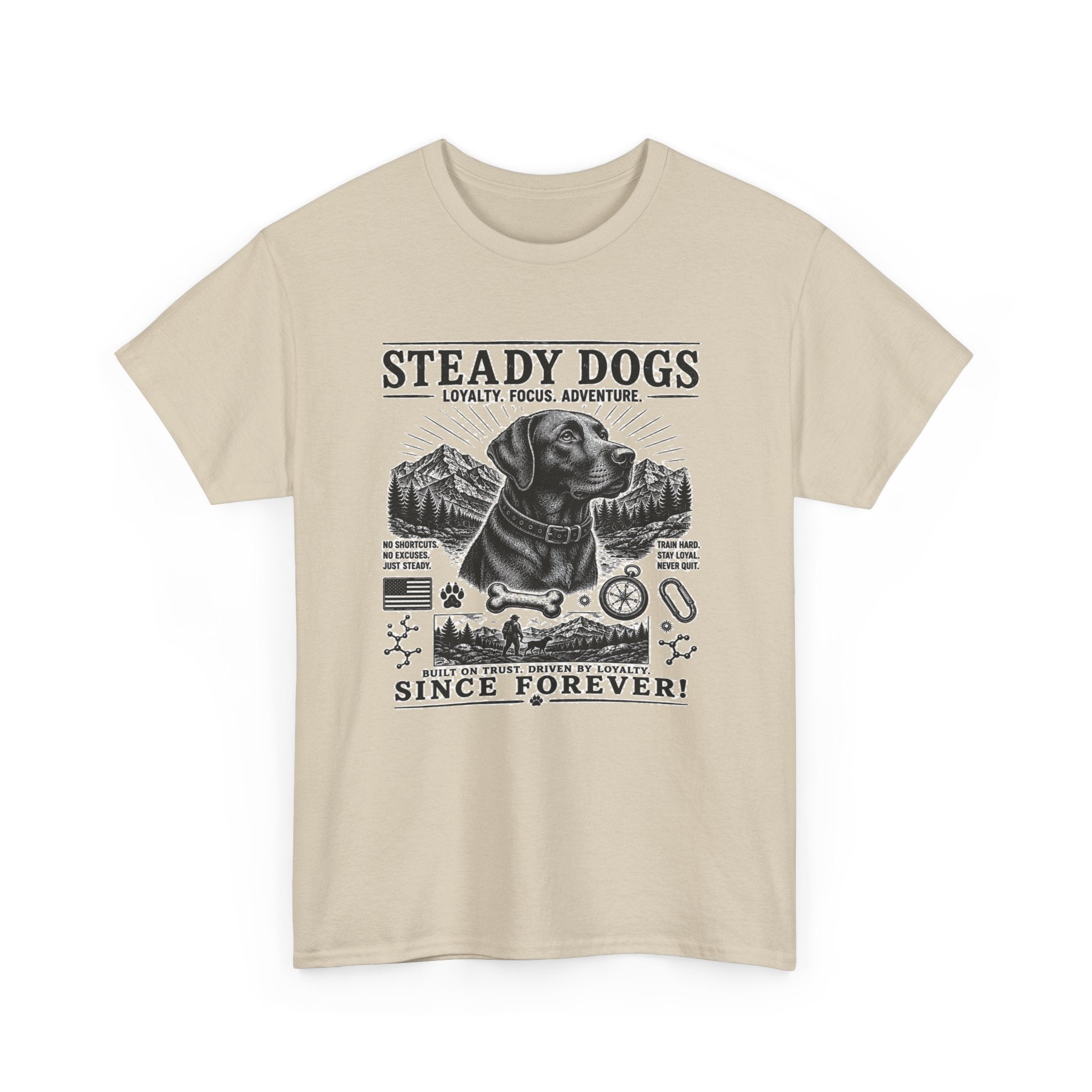 Steady Dogs T-Shirt – Vintage Labrador Adventure Tee ("Steady Dogs" Since Forever)