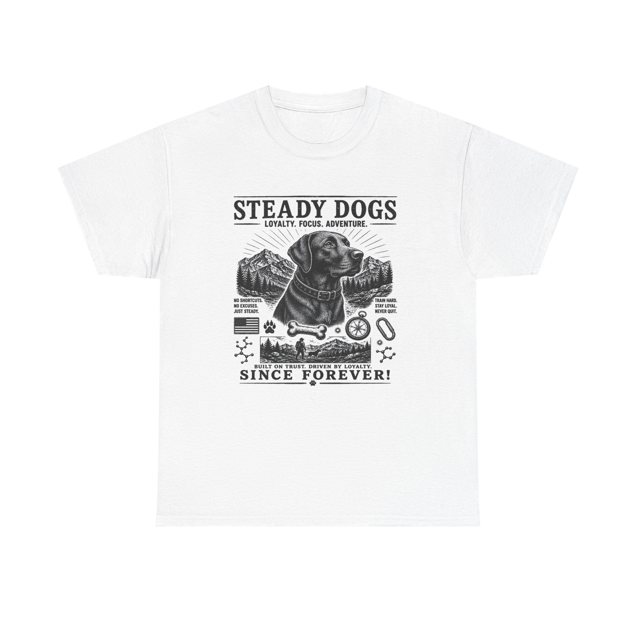 Steady Dogs T-Shirt – Vintage Labrador Adventure Tee ("Steady Dogs" Since Forever)
