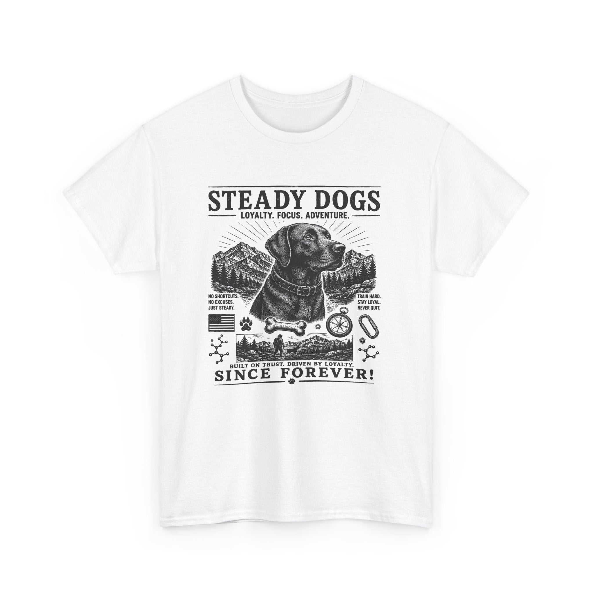 Steady Dogs T-Shirt – Vintage Labrador Adventure Tee ("Steady Dogs" Since Forever)