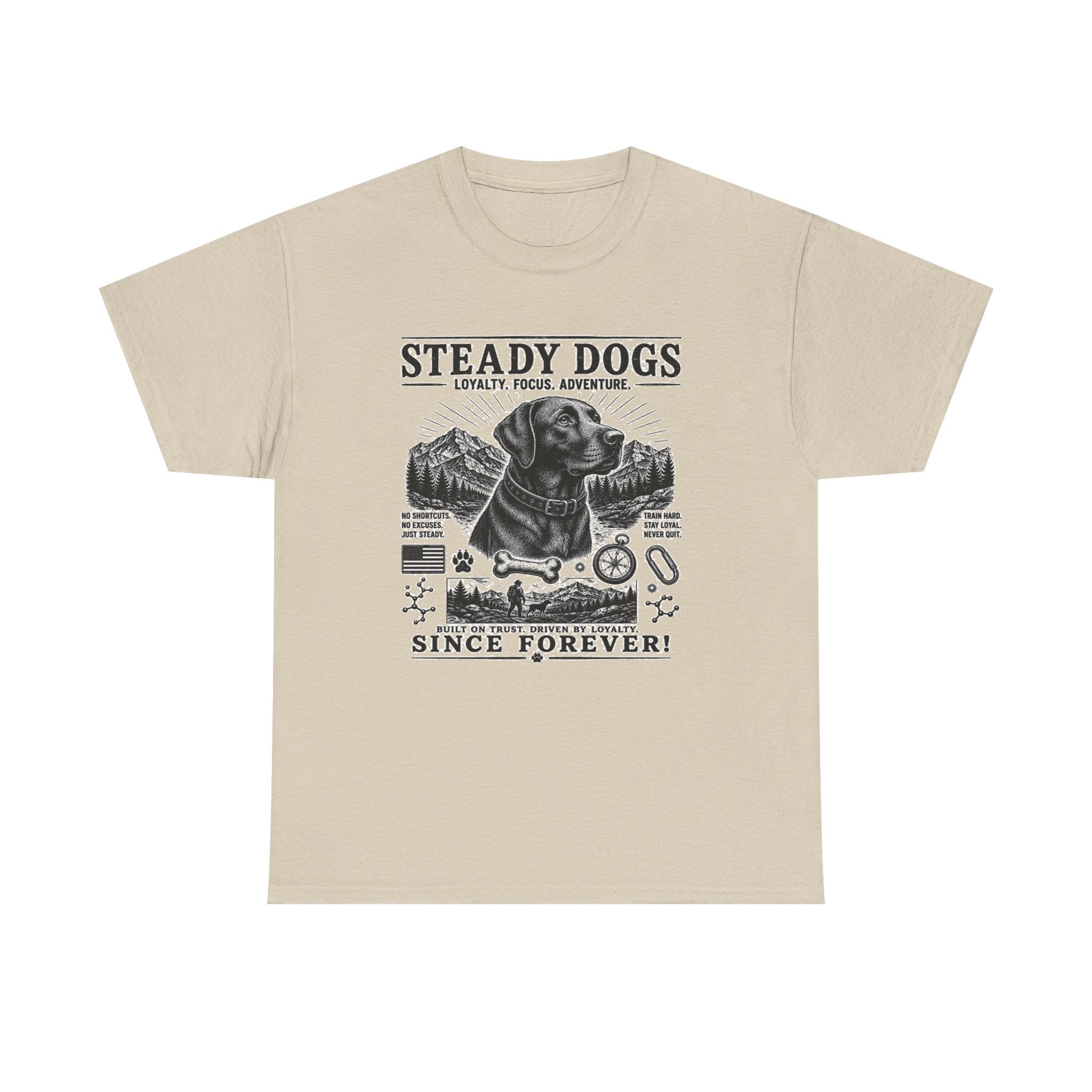 Steady Dogs T-Shirt – Vintage Labrador Adventure Tee ("Steady Dogs" Since Forever)