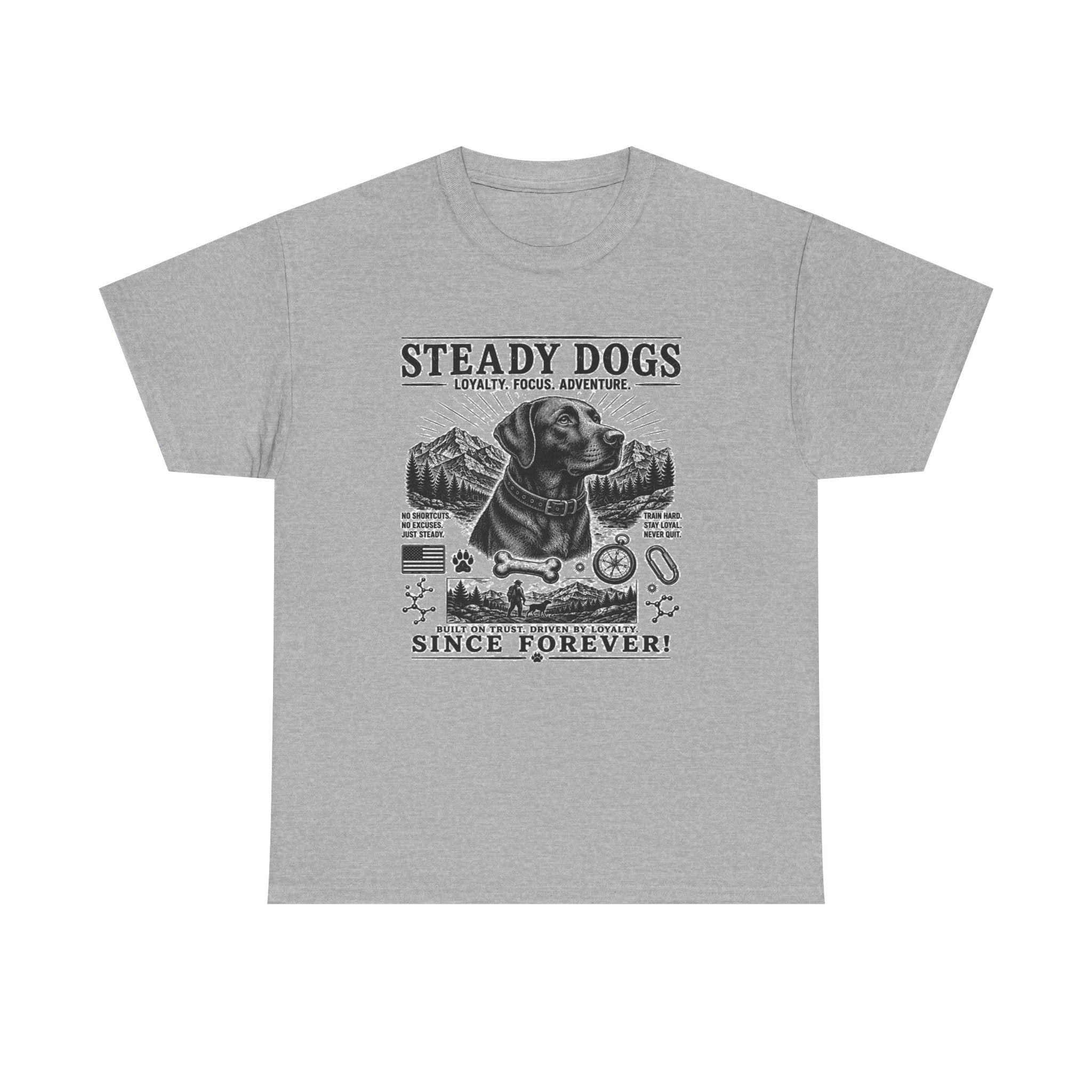Steady Dogs T-Shirt – Vintage Labrador Adventure Tee ("Steady Dogs" Since Forever)
