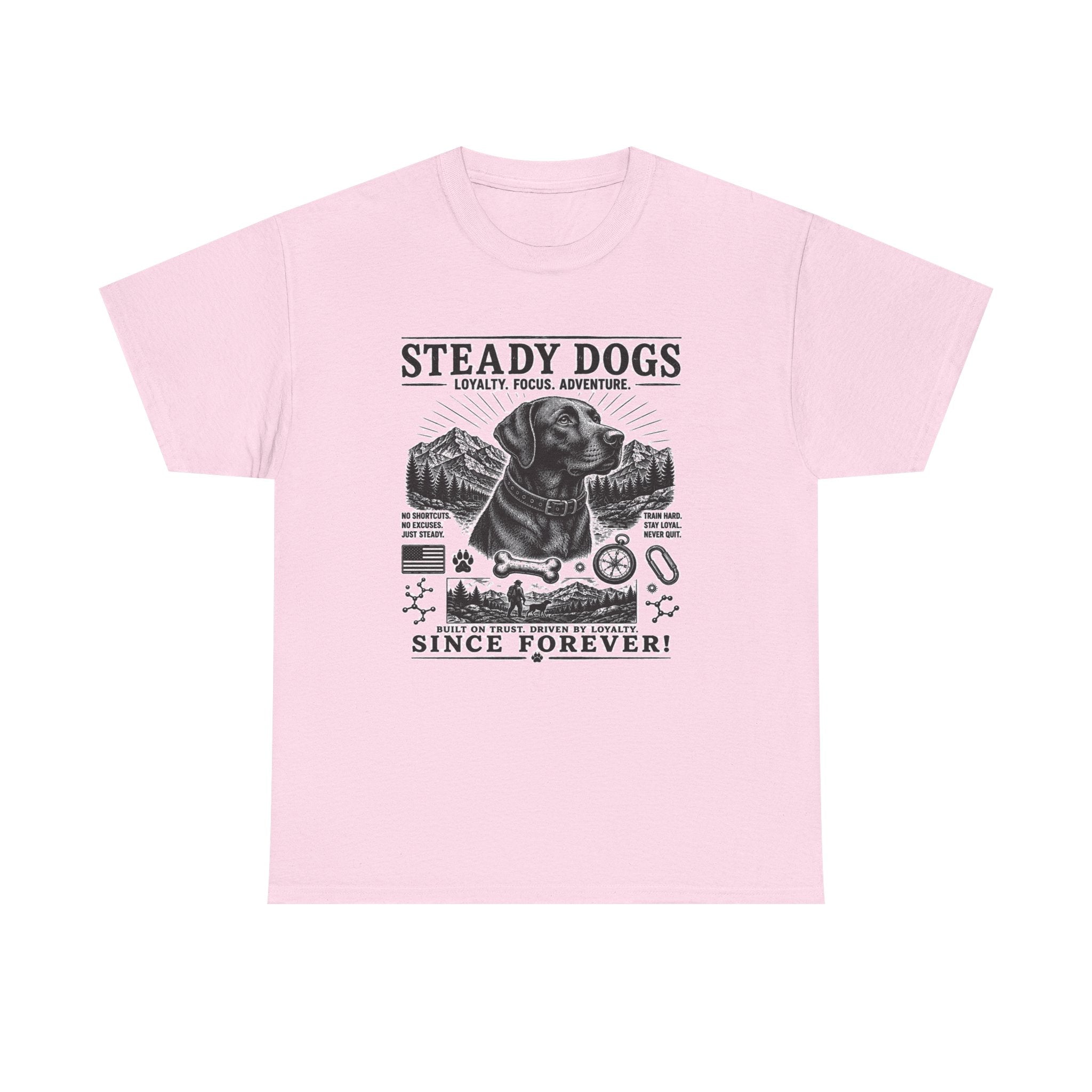 Steady Dogs T-Shirt – Vintage Labrador Adventure Tee ("Steady Dogs" Since Forever)