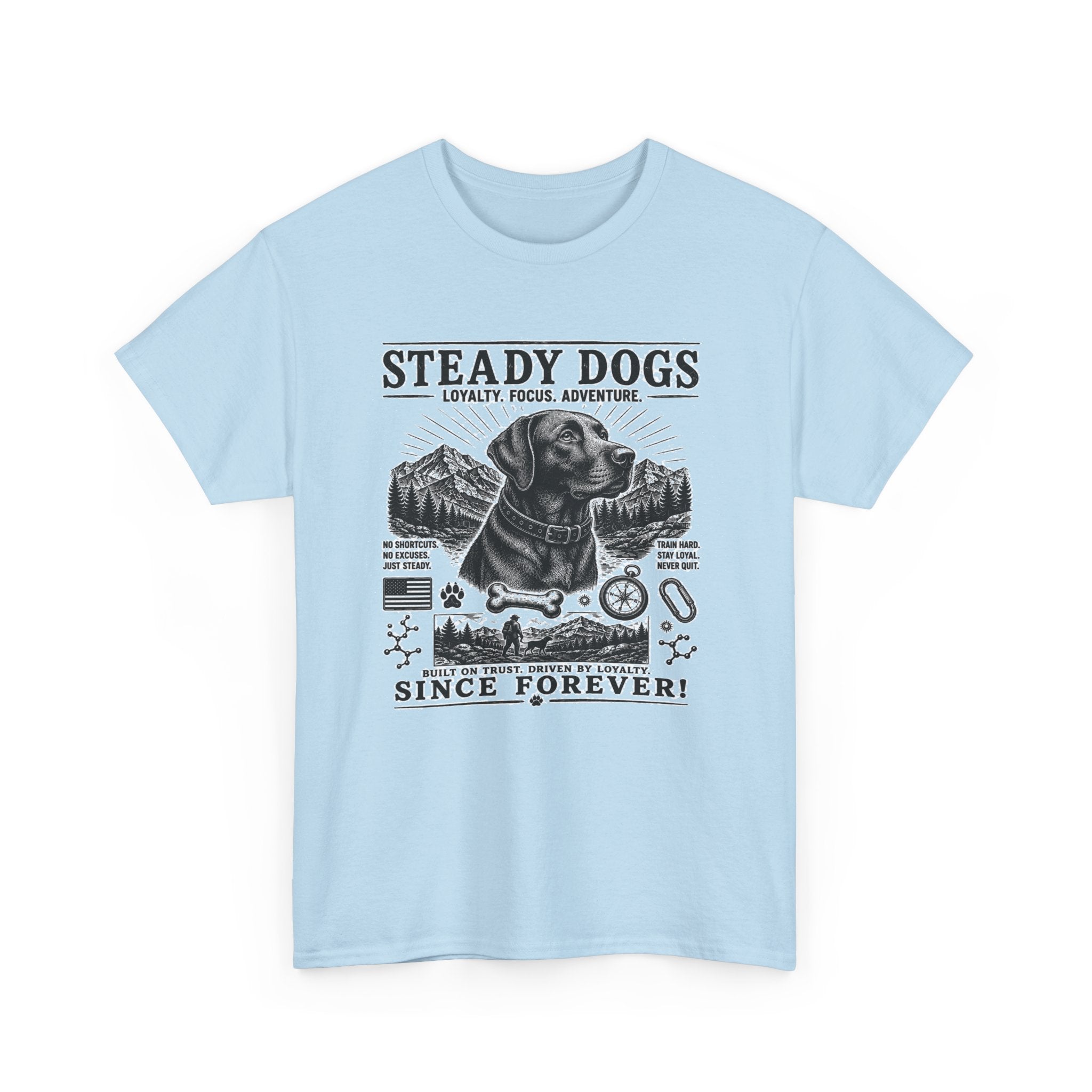 Steady Dogs T-Shirt – Vintage Labrador Adventure Tee ("Steady Dogs" Since Forever)